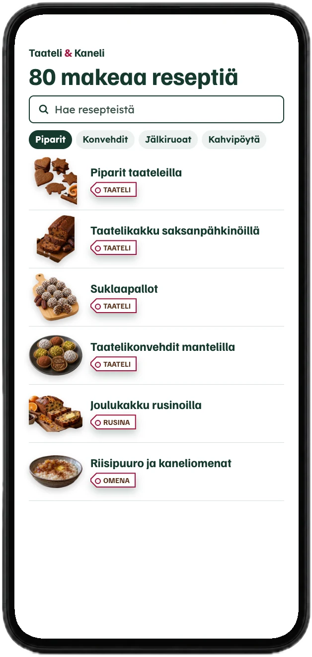 Sovellus, jossa reseptit on jaettu pipareihin, konvehteihin, joulun jälkiruokiin ja kahvipöytään