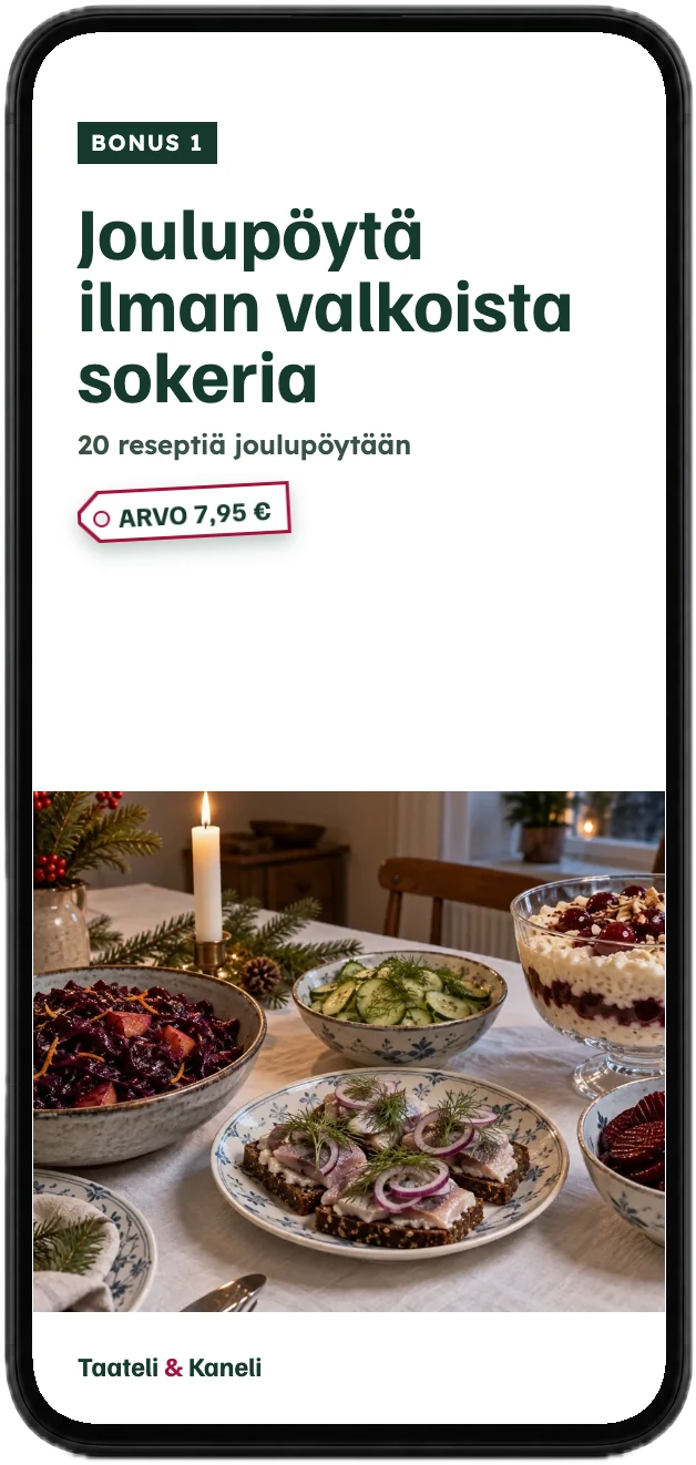 Bonuksen Joulupöytä ilman valkoista sokeria kansi puhelimen näytöllä