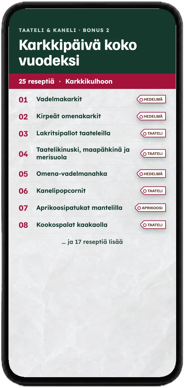 Bonuksen karkkireseptien sisällysluettelo puhelimen näytöllä