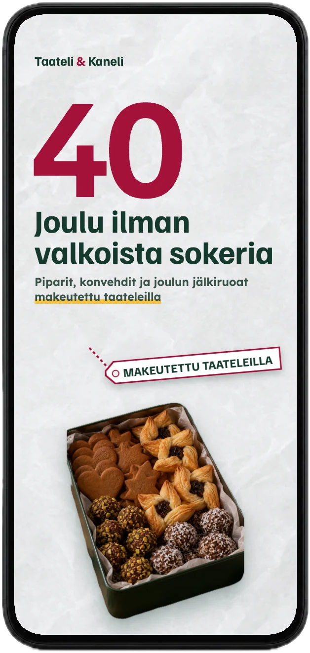 Kirjan kansi, 40 reseptiä, puhelimen näytöllä