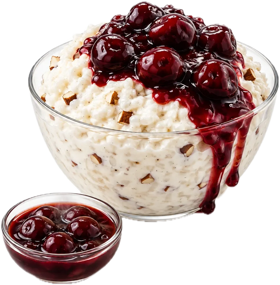 Riisivanukas lasikulhossa tumman kirsikkakastikkeen kanssa