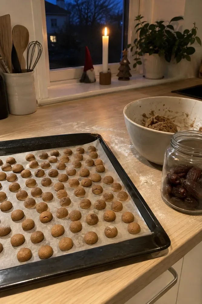 Pellillinen juuri paistettuja pikkuleipiä keittiön tasolla marraskuun illassa