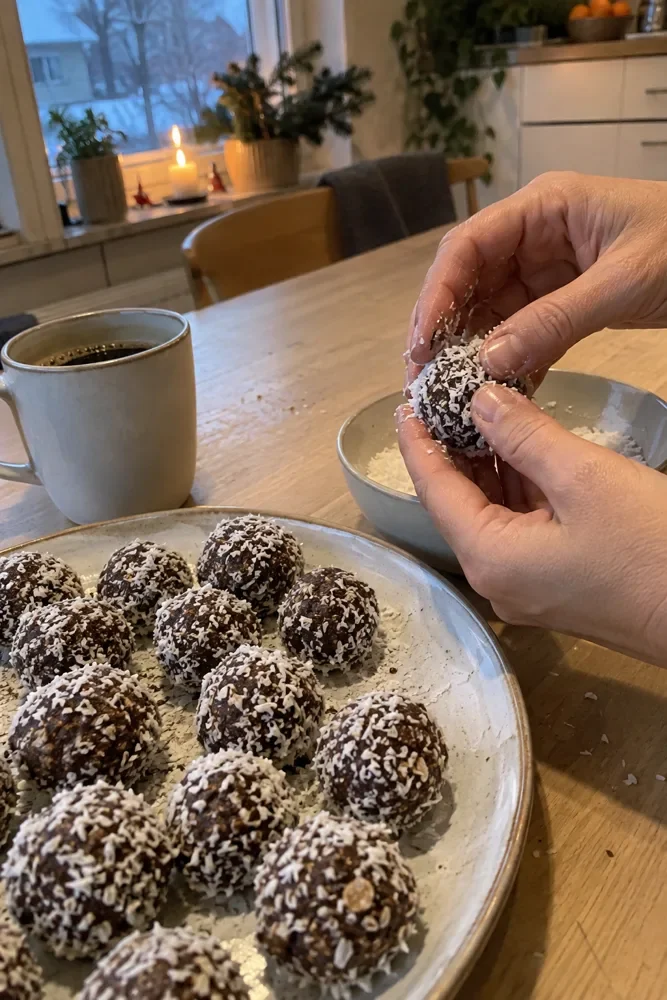 Kädet pyörittelevät suklaapalloja kookoshiutaleissa