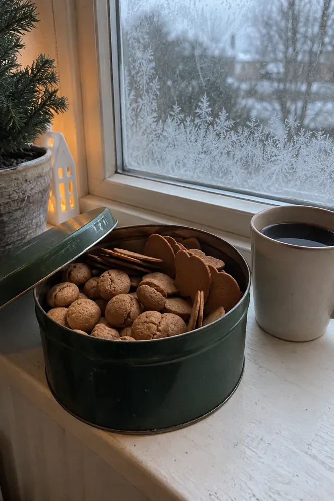 Avoin piparipurkki ikkunalaudalla harmaana joulukuun päivänä